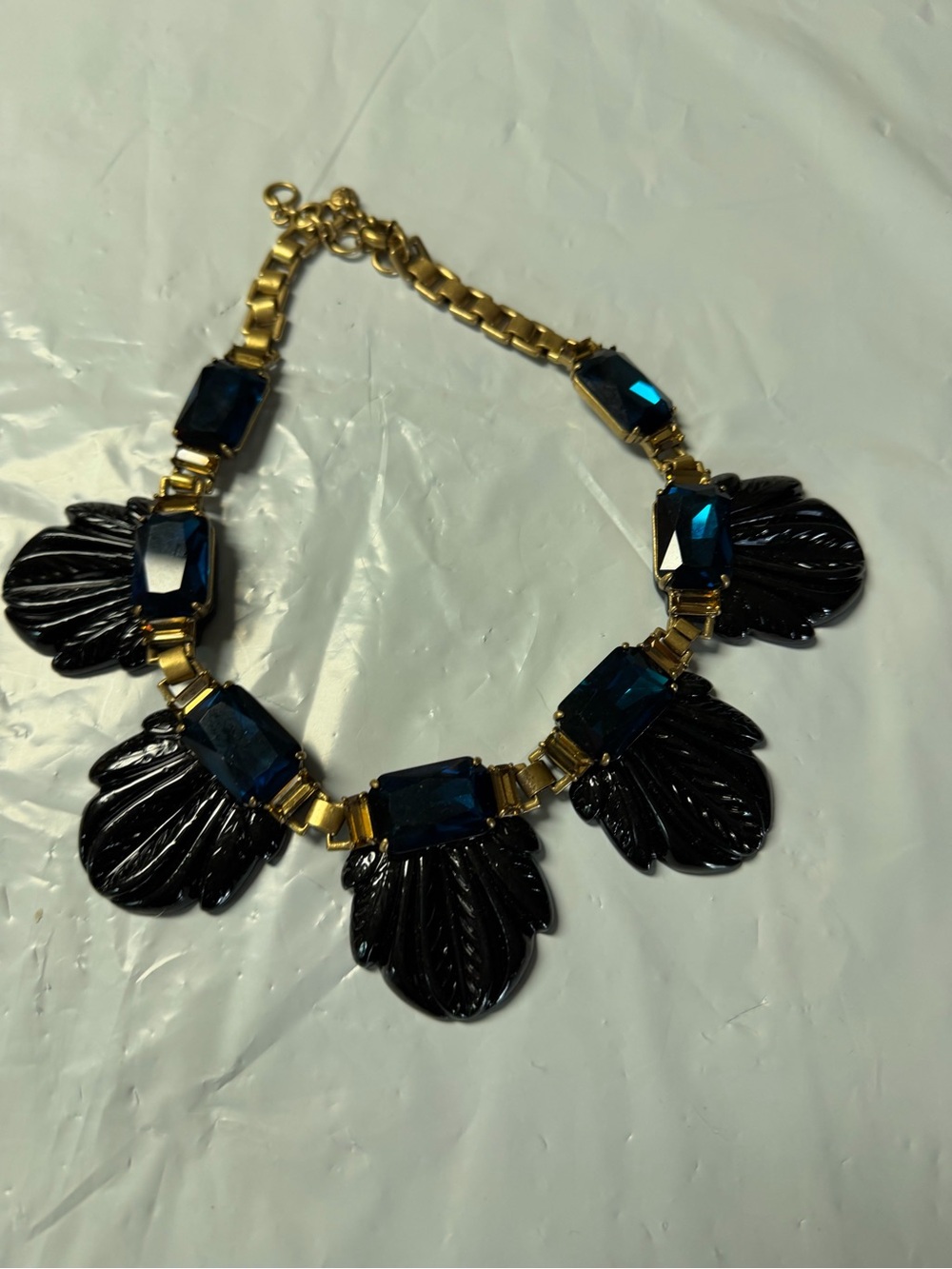 J. Crew Gold Plated Necklace with Teal Blue Stones and Black Shell Drops